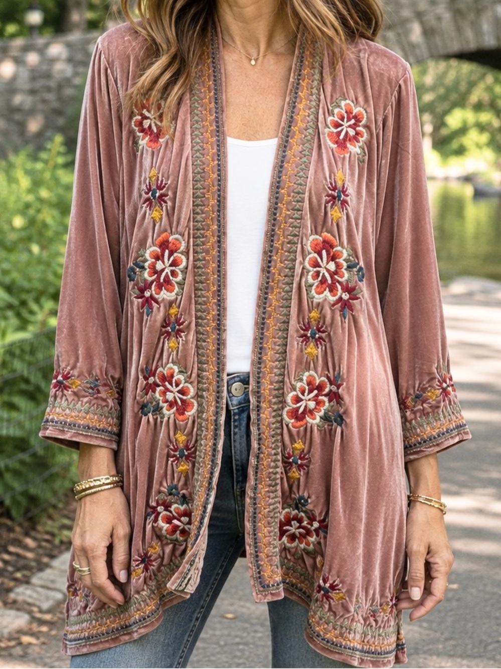 Time For Me Pink Velvet Embroidered Floral Open Front Boho Cardigan Jacket L